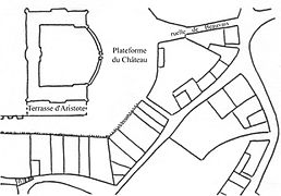 Plan de l'entrée du château et du village en 1654, avant la création de la Grande Terrasse. Marie-Thérèse Herlédan, Bulletin des Amis de Meudon.