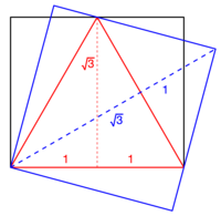 An equilateral triangle with circumscribed rectangle and square; the side of the square is
(
6
+
2
)
/
2
{\displaystyle ({\sqrt {6}}+{\sqrt {2}})/2}
, and the diagonal of the rectangle is the square root of 7. Equilateral triangle with circumscribed rectangle and square.png