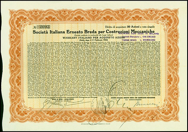 Warrant of the Società Italiana Ernesto Breda per Costruzioni Meccaniche, issued 1. February 1929