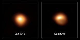 Zwei orangefarbene Kleckse nebeneinander auf schwarzem Hintergrund, einer mit der Beschriftung "Jan 2019" und der andere mit der Beschriftung "Dec 2019"