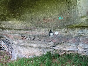 The rock art of the Piedras del Tunjo Archaeological Park in Facatativa is heavily vandalised Facatativa vandalized pictograph.JPG