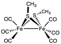 Structure of Fe2(SCH3)2(CO)6. Fe2 SMe 2 CO 6.svg