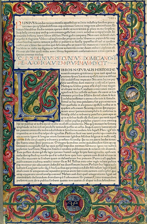 First page from the editio princeps of Historia Naturalis printed in 1469 in Venice by Johann of Speyer. Bibliothèque nationale de France
