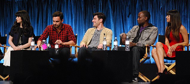 The show's main cast: Zooey Deschanel (Jess), Jake Johnson (Nick), Max Greenfield (Schmidt), Lamorne Morris (Winston), and Hannah Simone (Cece) at Pal