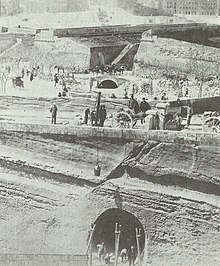 Digging the railway tunnel between Valletta and Floriana, April 1882 Floriana - Valletta Railway Tunnel in April 1882 by H.J. Davidson.jpg