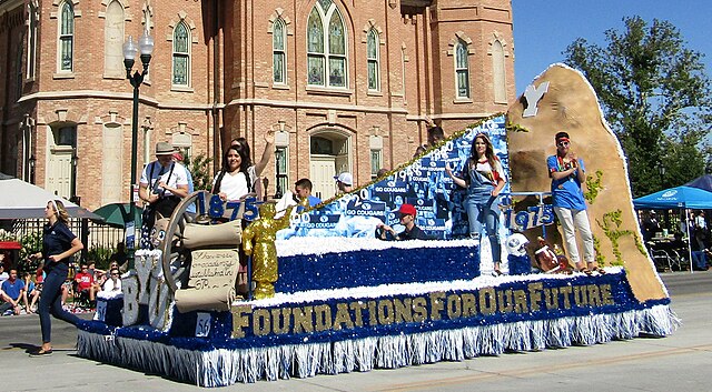 A parade float for Brigham Young University in the Freedom Festival Grand Parade in Provo, Utah