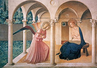 Pintura.  O anjo se curva para Maria em uma sala aberta na frente e à esquerda.