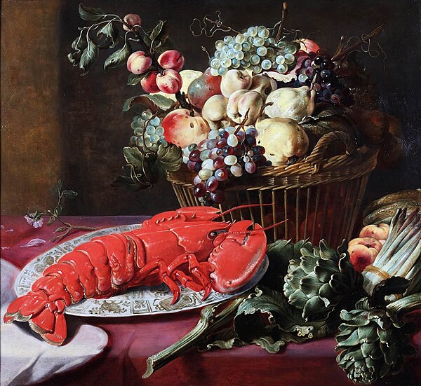 Stilleven met een kreeft, fruit, artisjokken en asperges op tafel (circa 1630)