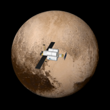 Artist's impression of the Fusion-Enabled Pluto Orbiter and Lander at Pluto, with a New Horizons image of Pluto in the background. Fusion-Enabled Pluto Orbiter and Lander.png