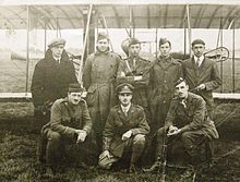 Beatty (far right) and colleague with six student pilots destined for the Royal Flying Corps, photographed at Hendon Aerodrome, August 1916. The aircraft is a Beatty-Wright (modified Wright Model B) biplane.