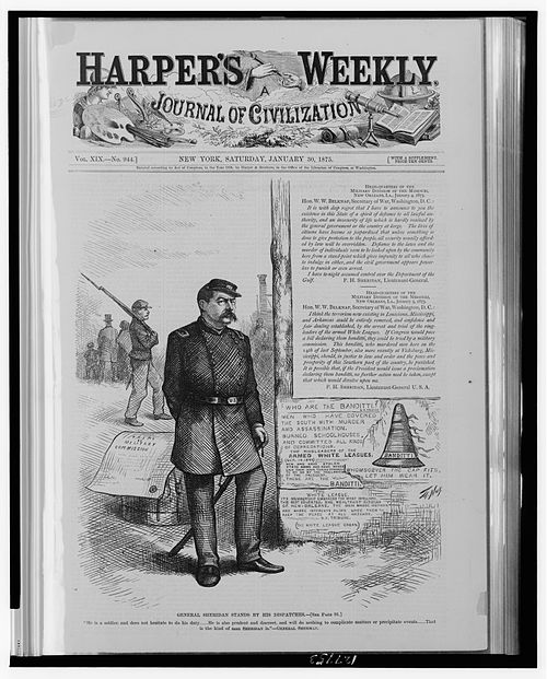 General Sheridan stands by his dispatches by Thomas Nast in Harper's Weekly, v. 19, no. 944 (January 30, 1875), p. 89.