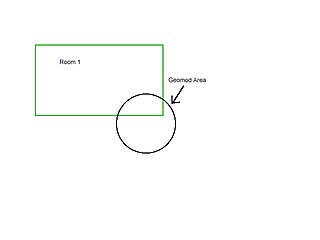 Зелёный прямоугольник — это комната, а чёрный круг — часть стены, в которую выстрелил игрок из мощного оружия и которая вследствие этого должна быть уничтожена.