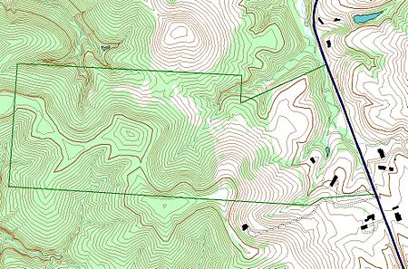 An example of use of layers in a GIS application. In this example, the forest-cover layer (light green) forms the bottom layer, with the topographic layer (contour lines) over it. Next up is a standing water layer (pond, lake) and then a flowing water layer (stream, river), followed by the boundary layer and finally the road layer on top. The order is very important in order to properly display the final result. Note that the ponds are layered under the streams, so that a stream line can be seen overlying one of the ponds. Gislayers.jpg