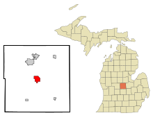 Județul Gratiot Michigan Zonele încorporate și necorporate Ithaca Highlighted.svg