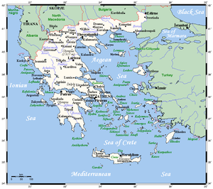 Greece's cities, main towns, main rivers, islands and selected archaeological sites. GreeceOMC.png