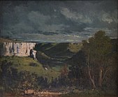 La Vallée de la Loue par ciel d'orage (1849), Strasbourg, musée des beaux-arts. « Émergent chez Courbet des paysages où s'estompe la présence de l'homme »[34].