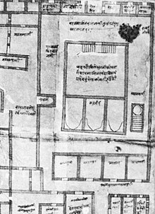 Bishan Singh's survey map (c. 1700). The three domed structure is marked as "masjid"; in the north, the plinth is demarcated separately as is the Gyanvapi well/pond on the East. Gyanvapi Compound and Surroundings in Tarah Kashijiki (191).jpg