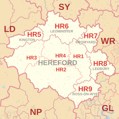 HR postcode area map, showing postcode districts in red and post towns in grey text, with links to nearby GL, LD, NP, SY and WR postcode areas. HR postcode area map.svg