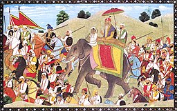 ca. 19th century, paint on paper A military procession of Hari Singh Nalwa (1791-1837), one of the greatest generals of the Sikh Empire. The military procession depicted is led by two horsemen carrying battle standards Hari Singh Nalwa on Elephant.jpg