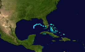 Map plotting the track and the intensity of the storm, according to the Saffir-Simpson scale Harvey 1999 track.png