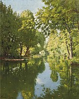 Henri Biva, Punts moored on still waters, oil on canvas, 61 x 50 cm