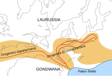 Posizione delle catene montuose Erciniche/Varisiche/Appalachiane nel medio Carbonifero. Le linee di costa attuali servono da riferimento. Le linee rosse sono suture, Gondwana e Laurasia sono i paleocontinenti che si sono uniti durante questa orogenesi.[8][9]