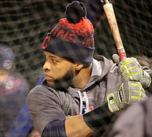 Santana at batting practice during the 2016 World Series Indians DH Carlos Santana takes batting practice at Wrigley Field. (30009522253).jpg