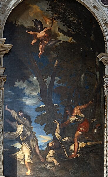 File:Interior of Santi Giovanni e Paolo (Venice) - Copy per, Johann Carl Loth of the martyrdom of St. Peter after Titian.jpg