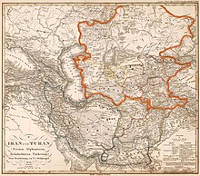 Turan Depression (area enclosed by orange line) Iran Turan map 1843.jpg