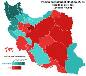 Iranian presidential election, 2024 by province - Second Round Percentage.svg