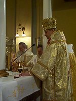Byzantine Rite Catholic bishops celebrating Divine Liturgy in their proper pontifical vestments