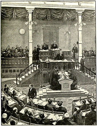 Interior of the Japanese Parliament, showing the Prime Minister speaking addressing the House of Peers, 1915