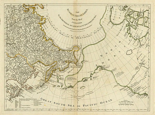 One of the most important achievements of the expedition was the mapping of the north east part of Asia. The geography department of the St. Petersburg Academy of Science published in 1754 a map with the title Nouvelle Carte des Découvertes faites par des Vaisseaux Russiens, which also depicted Vitus Bering's and Aleksei Chirikov's sea route. The new geographic information was quickly diffused and received widespread attention in all of Europe. The above is an English map entitled The Russian Discoveries prepared by the London cartographer Thomas Jefferys (this is a reprint published by Robert Sayer in the American Atlas of 1776).
