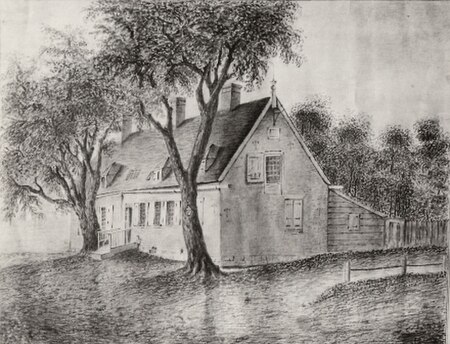 House at the Watervliet farm built by Jeremias van Rensselaer following the April 7, 1666 flood, depicted in an 1839 pencil sketch