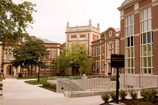 The journalism courtyard seen from the Francis Quadrangle on the MU Red Campus
