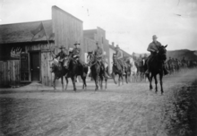 Lt. Karl Linderfelt and the Colorado state militia, ride in on horseback to suppress the strike. K E Linderfelt and troops ludlow massacre.png