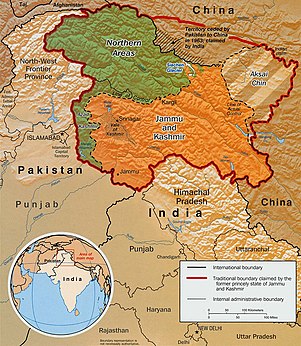 Indo-Pak mutually-agreed undisputed "International Border" (IB) in the black line, Indo-Pak "Line of Control" (LoC) in black dotted line in the north and west, Indo-Sino "Line of Actual" (LAC) in black dotted line in the east, Indo-Pak line across Siachen in north is "Actual Ground Position Line" (AGPL). The areas shown in green are the two Pakistani-controlled areas: Gilgit-Baltistan in the north and Azad Kashmir in the south. The area shown in orange is the Indian-controlled territories of Jammu and Kashmir, and Ladakh, and the diagonally-hatched area to the east is the Chinese-controlled area known as Aksai Chin. "Territories ceded by Pakistan to China claimed by India" in the north is Shaksgam (Trans-Karakoram Tract). Kashmir map.jpg