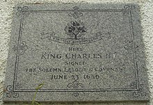 Plaque marking the signing of the Solemn League and Covenant by Charles II. King Charles II plaque.jpg