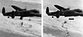 Avro Lancaster B I NG128 larguant des bombes incendiaires de 2 kg (gauche), suivies des bombes incendiaires de 15 kg et un Blockbuster de 2 tonnes (droite) sur Duisbourg le 15 octobre 1944.