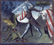 Lancelot fighting the two dragons guarding the entrance to Morgan's Val Without Return in an illumination of a 15th-century French Lancelot-Grail manuscript. The arms attributed to him: argent with three bendlets gules Lancelot fighting the dragons of the Val without return.png