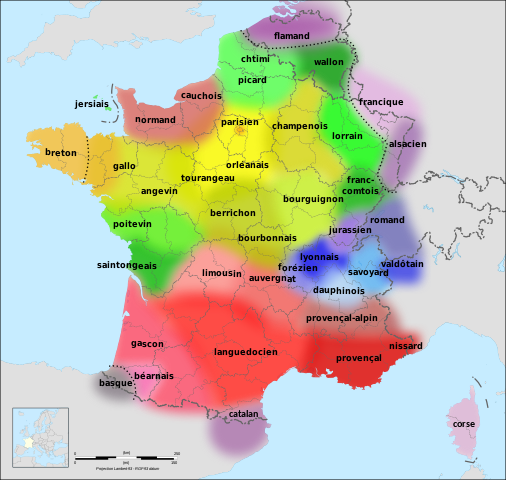 Karte der Regionalsprachen in Frankreich (https://commons.wikimedia.org/wiki/File:Langues_de_la_France.svg)
