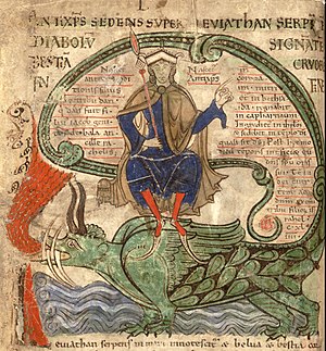 The Antichrist, depicted in a 1120 copy of Lambert's Liber Floridus
with pigaches or their pattens extended into absurdly long horns, a style later actually worn as the 14th-century poulaines Liber floridus-1120-Leviathan-p135.jpg