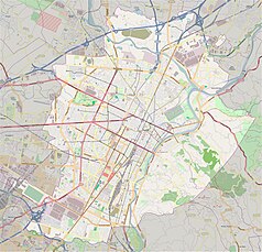 Mapa konturowa Turynu, u góry nieco na lewo znajduje się punkt z opisem „Stadio delle Alpi”