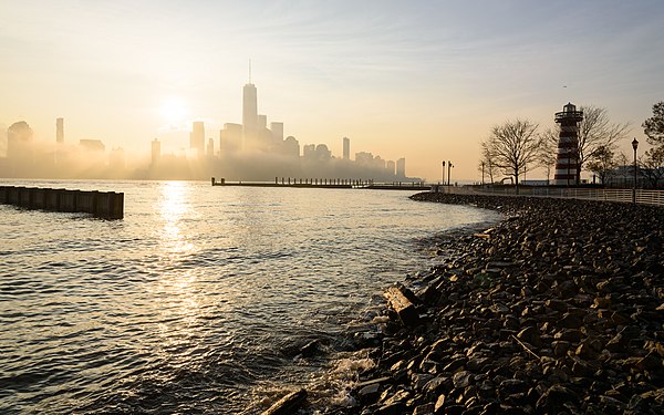 Lower Manhattan skyline in morning fog