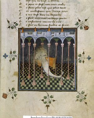 Мелюзина вскармливает грудью Тьерри. Миниатюра из рукописи «Роман о Мелюзине» Жильбера де Меца, около 1410 г.
