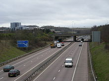 The M54 shown here near Junction 5 for Telford Centre, which is visible in the background to the left.