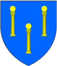 Arms of Major of Worlingworth Hall, Suffolk: Azure, three pillars of the Corinthian order two and one palewise on the top of each a ball or Major OfWorlingworth Suffolk Arms.svg