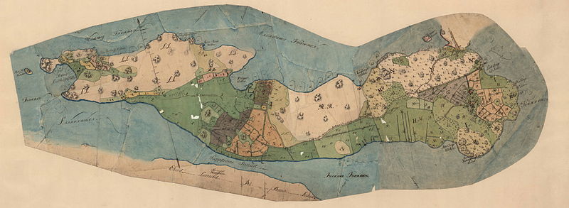 Hela Lindö på Nils Adolph Pontelius' karta från 1753. Gården Malmvik ligger ungefär mitt i kartbilden.