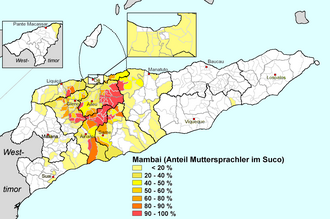Percentage of people using Mambai language (Timor) as mother tongue in Sucos of East Timor (Timor-Leste), according to the census of 2010. Mambai.png