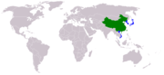 الصين العظمى، المناطق باللون الأخضر الداكن تمثل المناطق الصينية، المناطق باللون الأخضر الفاتح تمثل مناطق متأثرة بالثقافة الصينية.